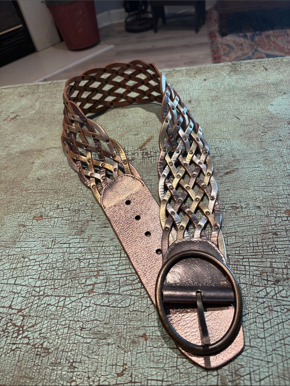 Fossil Genuine Leather Metallic Rose Gold Braided Wide Belt Size S - Picture 2 of 4